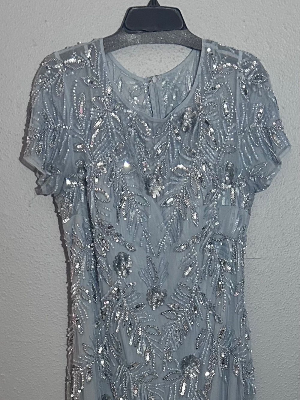 MGNY Madeline Gardner Silver Beaded Sequin Formal Gown Size